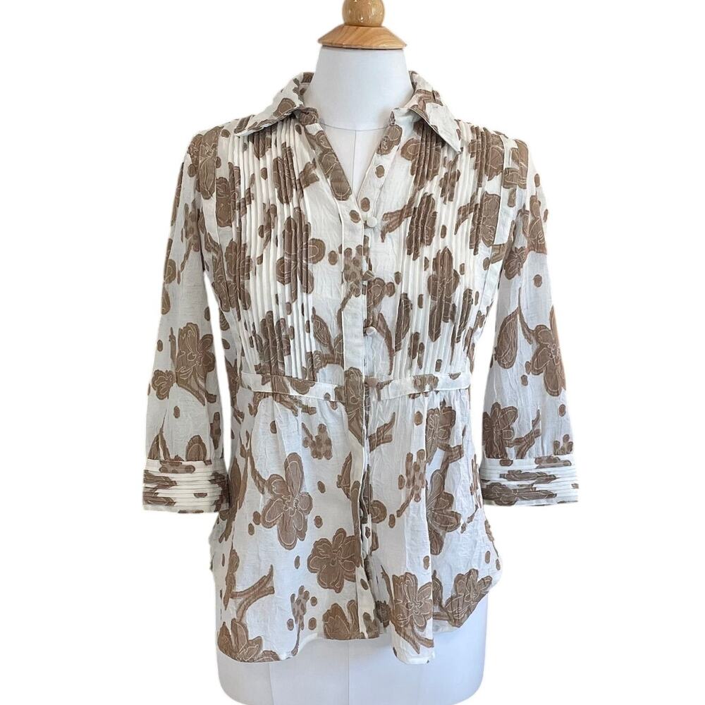 Coldwater Creek Ivory Tan Floral Pleat Front Button Down 3/4 Sleeve Blouse, PXS